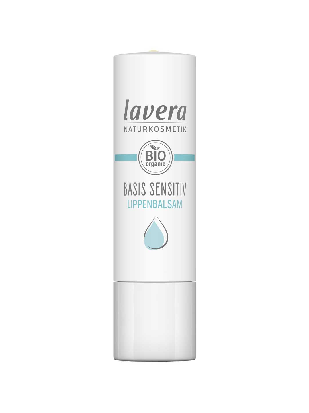 A white tube of Lavera Basis Sensitiv Lip Balm 4.5g with blue accents, featuring the Lavera Naturkosmetik logo, BIO organic label, and a blue water droplet—specially formulated for sensitive lips with organic jojoba oil.