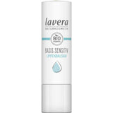 A white tube of Lavera Basis Sensitiv Lip Balm 4.5g with blue accents, featuring the Lavera Naturkosmetik logo, BIO organic label, and a blue water droplet—specially formulated for sensitive lips with organic jojoba oil.