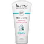 A white tube of Lavera Basis Sensitiv Regenerating Moisturising Cream 50ml for sensitive skin, with organic aloe vera and Bio-Shea Butter, features blue and pink text plus a water splash graphic on the front.
