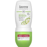 A 50ml green and white bottle of Lavera Deodorant Roll On - Natural & Refresh, featuring a refreshing citrus scent.