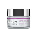 A clear and silver jar of Lavera Firming Night Cream 50ml with triple-effect hyaluronic acid. The label, in English and Italian with a purple accent, highlights its anti-aging night cream benefits.