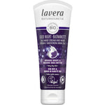 Lavera Good Night 2in1 Hand Cream and Mask 75ml is a white tube with purple accents, containing organic grape and shea butter. Vegan, organic, and climate-neutral certified—ideal for very dry hands.