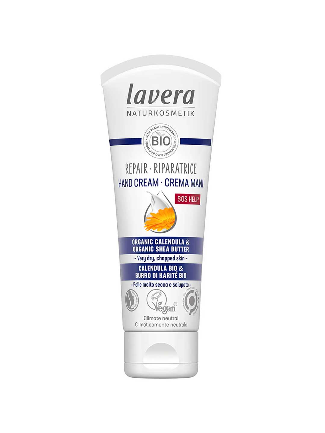 Lavera RepairHand Cream 75ml is a white tube hand cream with Shea Butter and organic Calendula, designed for very dry, chapped skin. The packaging features vegan and climate-neutral certifications.