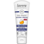 Lavera RepairHand Cream 75ml is a white tube hand cream with Shea Butter and organic Calendula, designed for very dry, chapped skin. The packaging features vegan and climate-neutral certifications.
