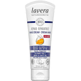 Lavera RepairHand Cream 75ml is a white tube hand cream with Shea Butter and organic Calendula, designed for very dry, chapped skin. The packaging features vegan and climate-neutral certifications.