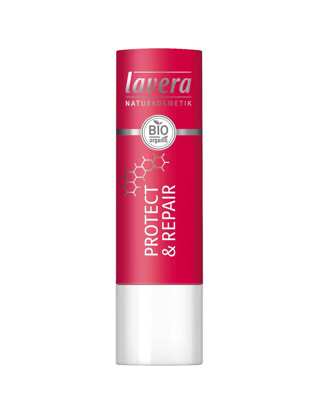 A red and white tube of Lavera Lip Balm Repair 4.5g, an organic lip balm with BIO and Naturkosmetik labels, offering effective repair treatment for lips.