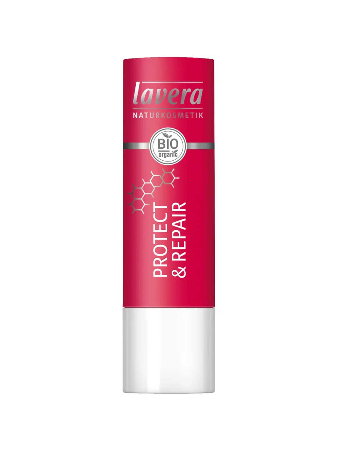 A red and white tube of Lavera Lip Balm Repair 4.5g, an organic lip balm with BIO and Naturkosmetik labels, offering effective repair treatment for lips.