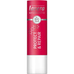 A red and white tube of Lavera Lip Balm Repair 4.5g, an organic lip balm with BIO and Naturkosmetik labels, offering effective repair treatment for lips.