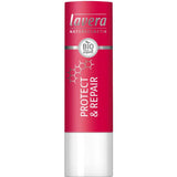 A red and white tube of Lavera Lip Balm Repair 4.5g, an organic lip balm with BIO and Naturkosmetik labels, offering effective repair treatment for lips.