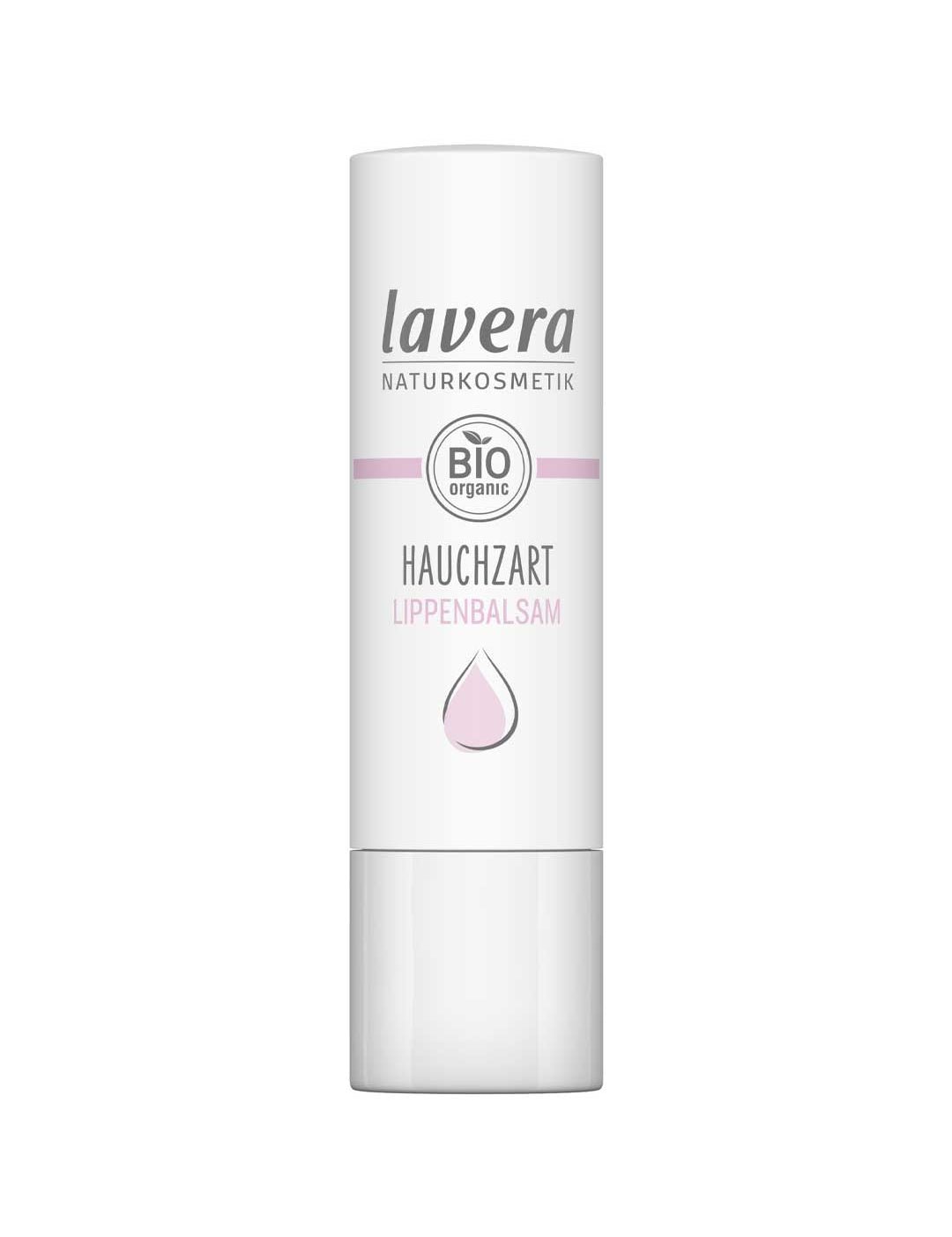 A white tube of Lavera Lip Balm Sheer 4.5g with a natural pink tint, featuring a pink droplet icon and “BIO organic” on the packaging.