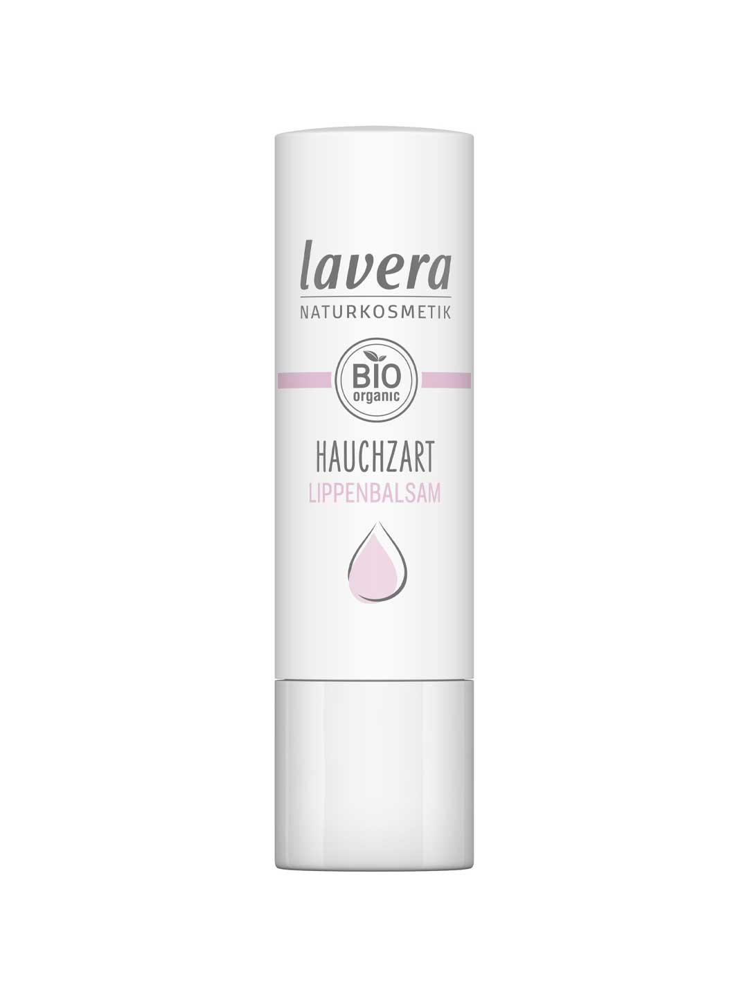 A white tube of Lavera Lip Balm Sheer 4.5g with a natural pink tint, featuring a pink droplet icon and “BIO organic” on the packaging.