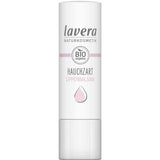 A white tube of Lavera Lip Balm Sheer 4.5g with a natural pink tint, featuring a pink droplet icon and “BIO organic” on the packaging.