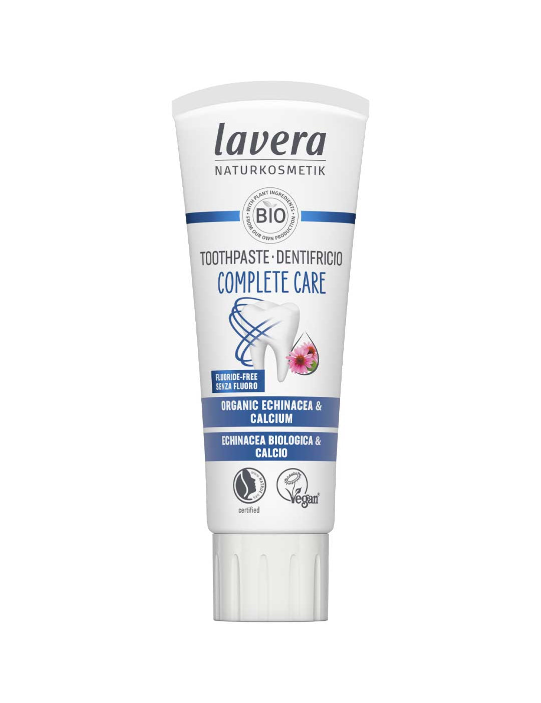 Lavera Toothpaste Complete Care Fluoride Free tube on a white background