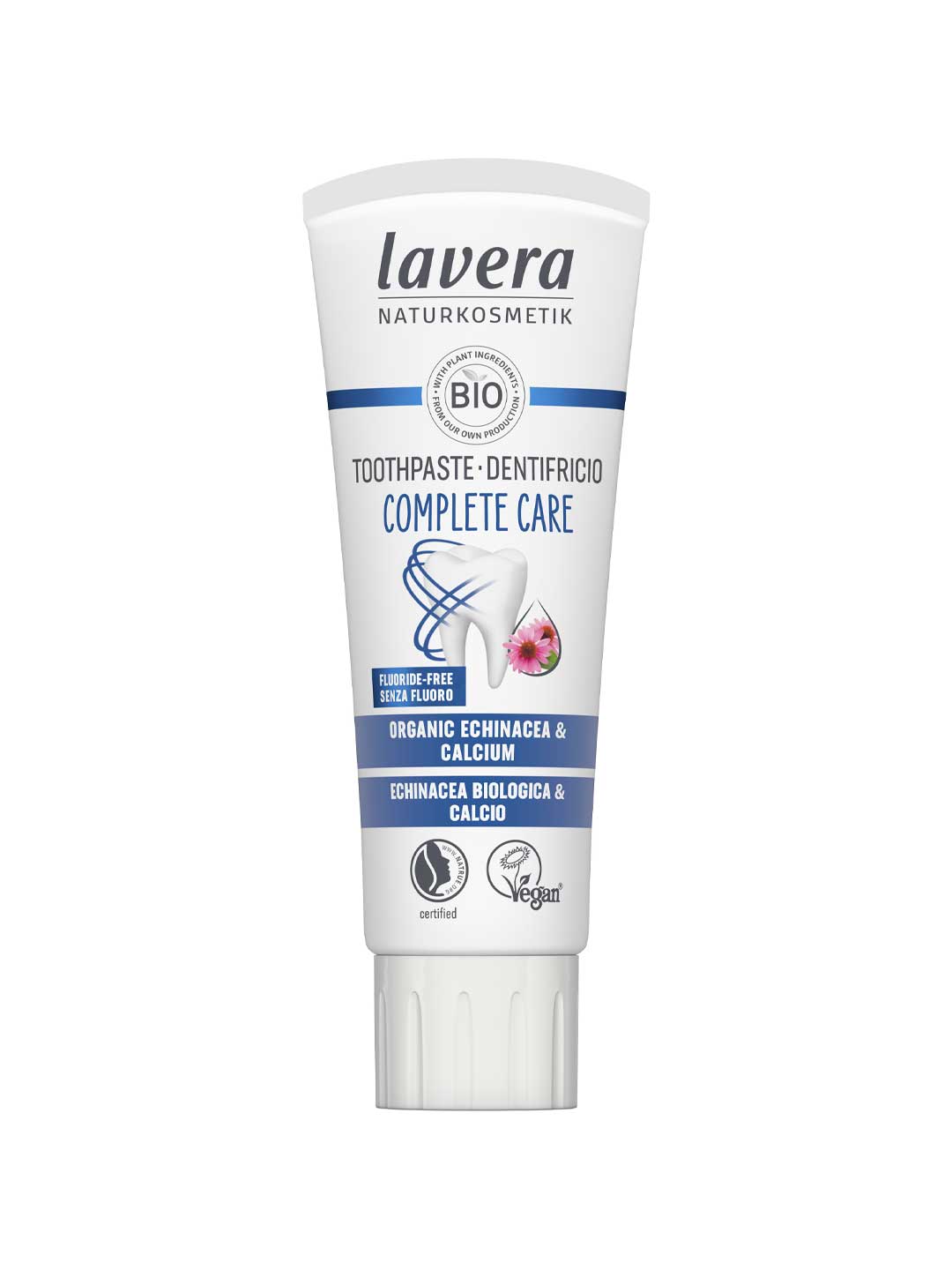 Lavera Toothpaste Complete Care Fluoride Free tube on a white background