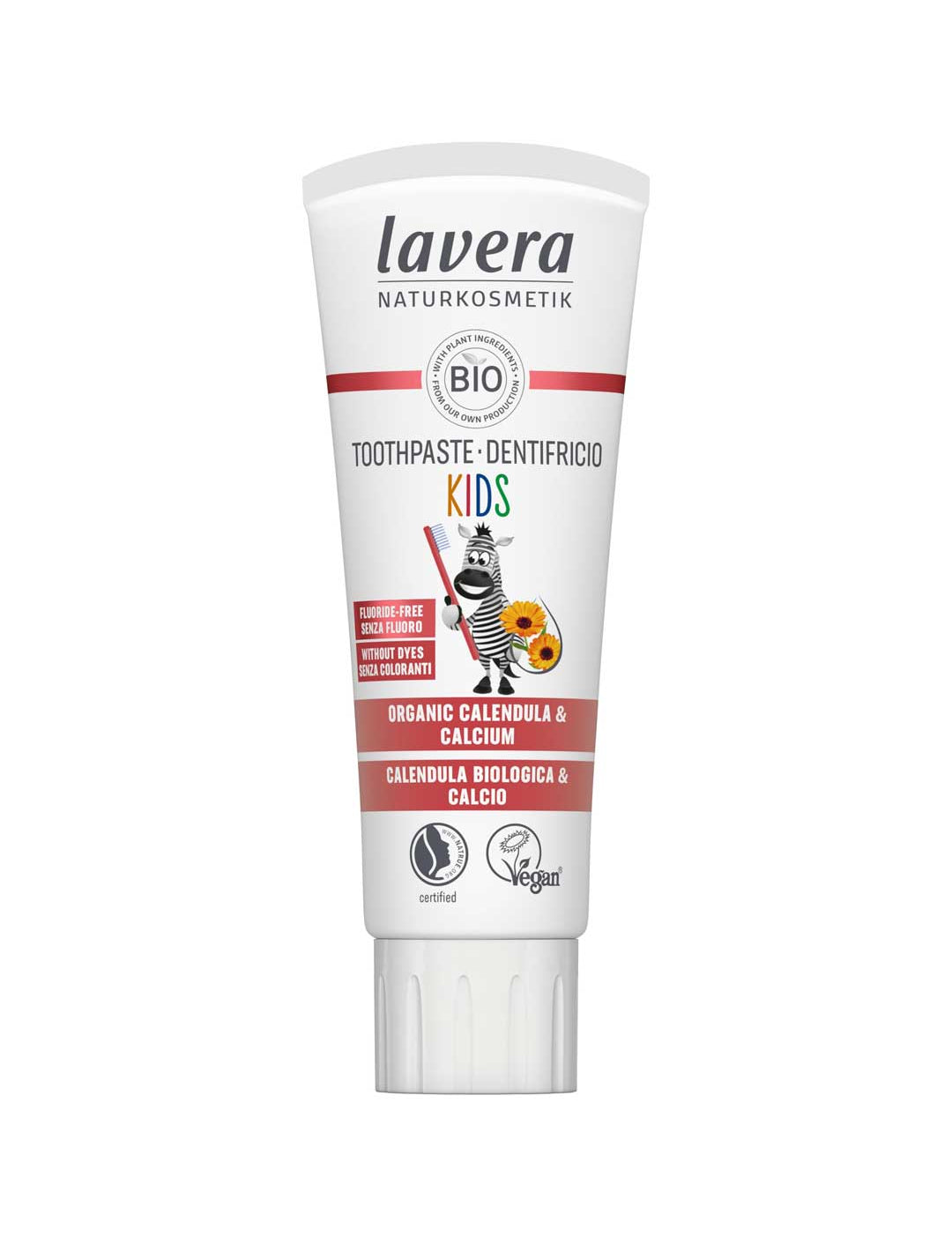 Lavera Kids toothpaste tube on a white background