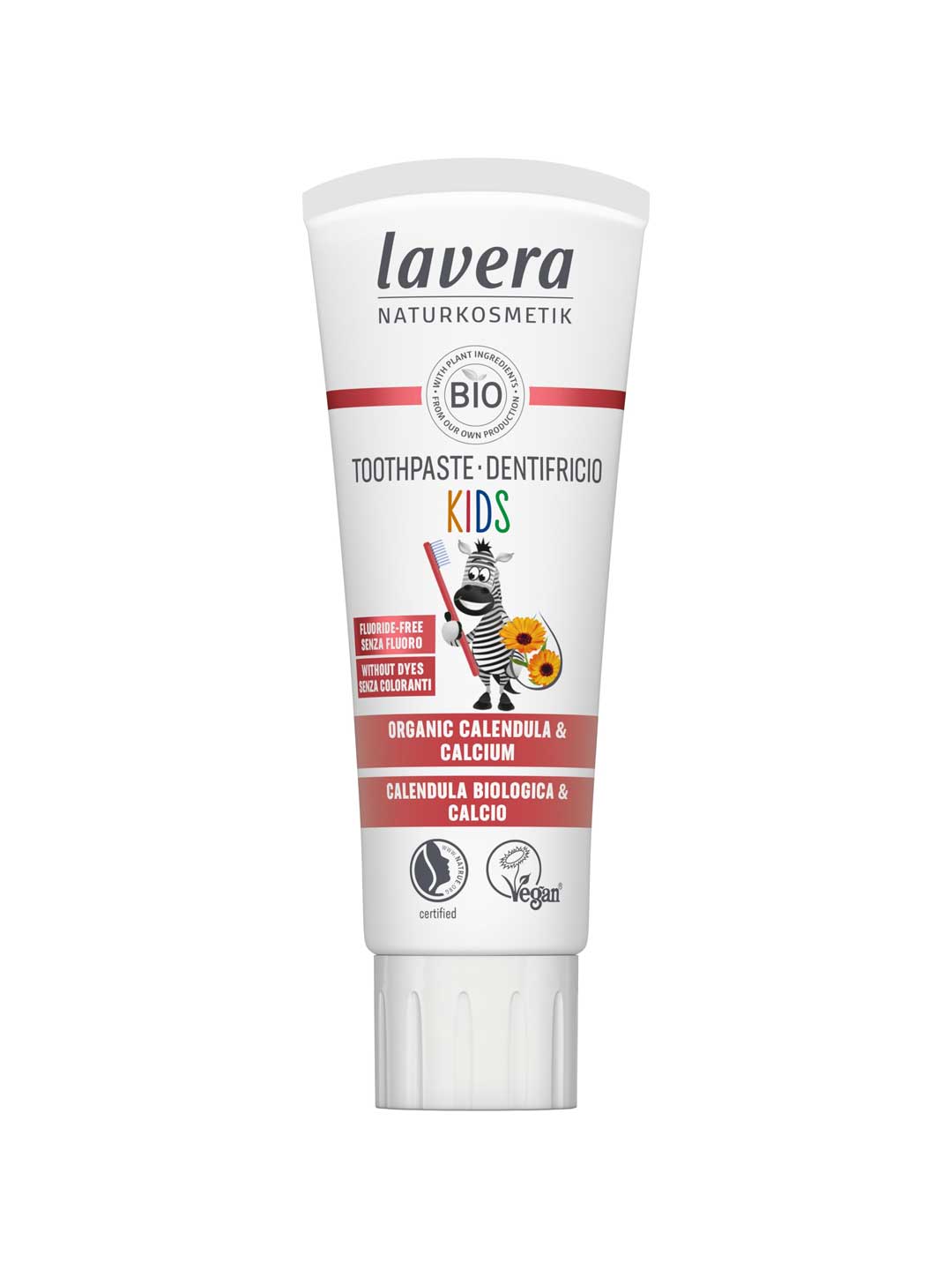 Lavera Kids toothpaste tube on a white background