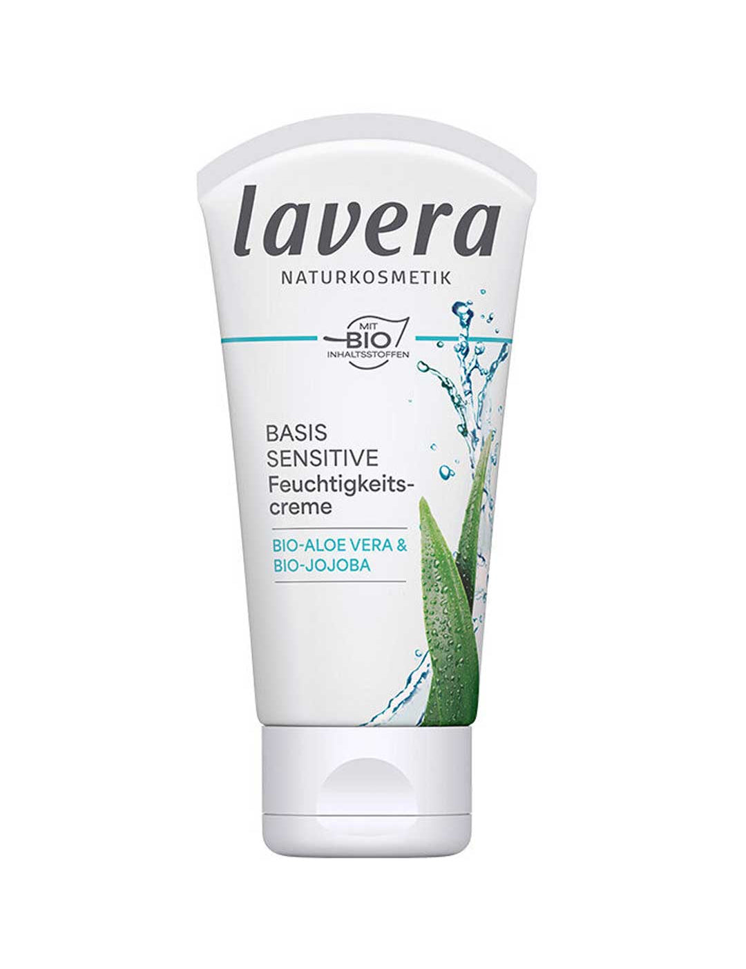 A white 50ml tube of Lavera Basis Sensitiv Moisturising Cream with green aloe vera graphics, formulated with organic aloe vera and organic jojoba for all skin types.
