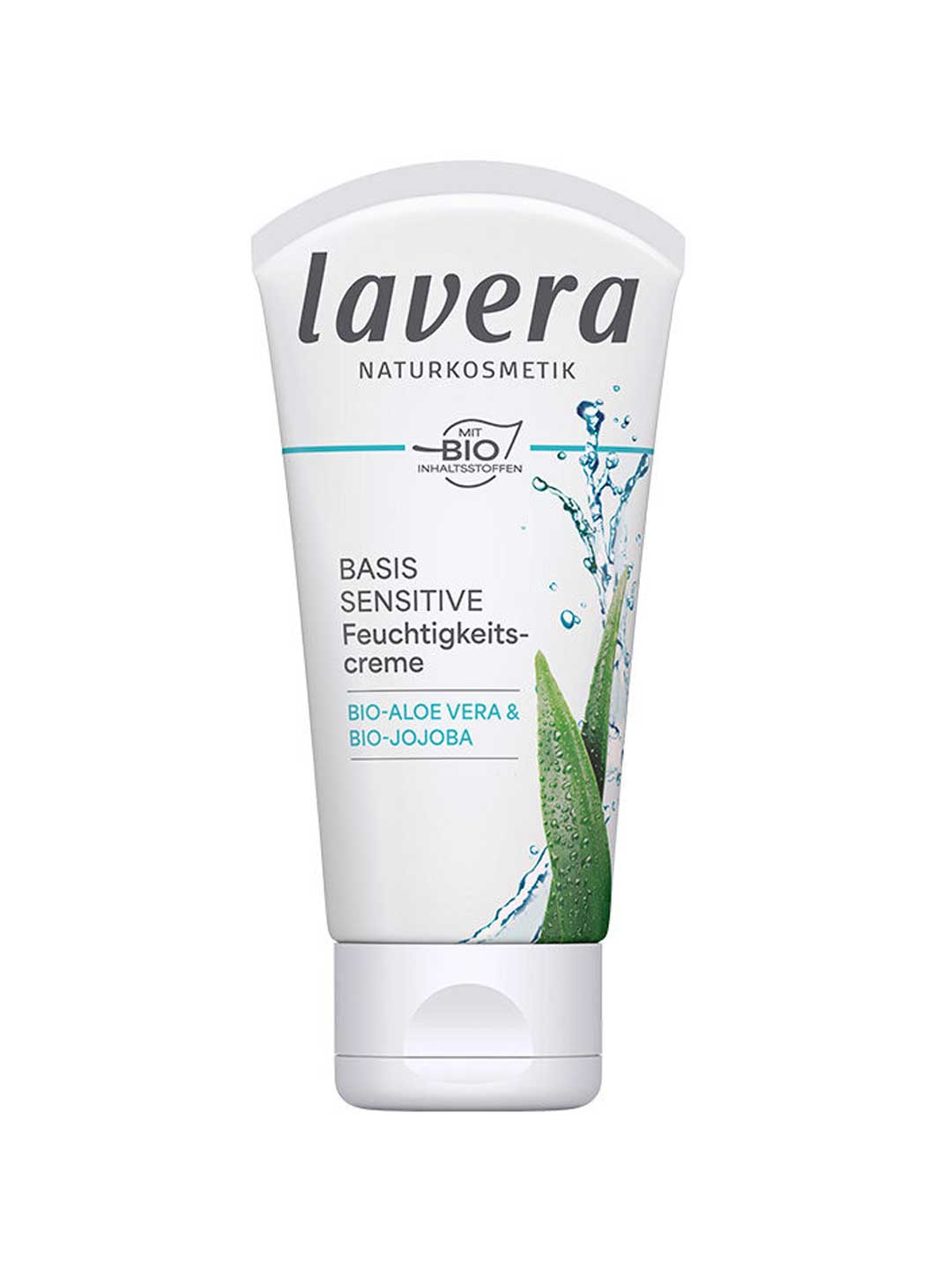 A white 50ml tube of Lavera Basis Sensitiv Moisturising Cream with green aloe vera graphics, formulated with organic aloe vera and organic jojoba for all skin types.