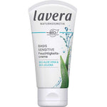 A white 50ml tube of Lavera Basis Sensitiv Moisturising Cream with green aloe vera graphics, formulated with organic aloe vera and organic jojoba for all skin types.