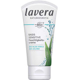 A white 50ml tube of Lavera Basis Sensitiv Moisturising Cream with green aloe vera graphics, formulated with organic aloe vera and organic jojoba for all skin types.