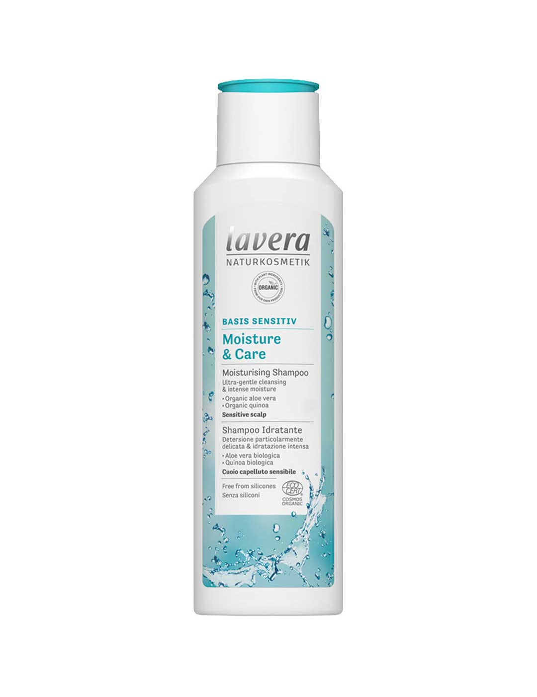 A white 250ml bottle of Lavera Basis Sensitiv Shampoo - Moisture & Care with a turquoise cap, formulated with organic aloe vera and jojoba for sensitive, dandruff-prone scalps.