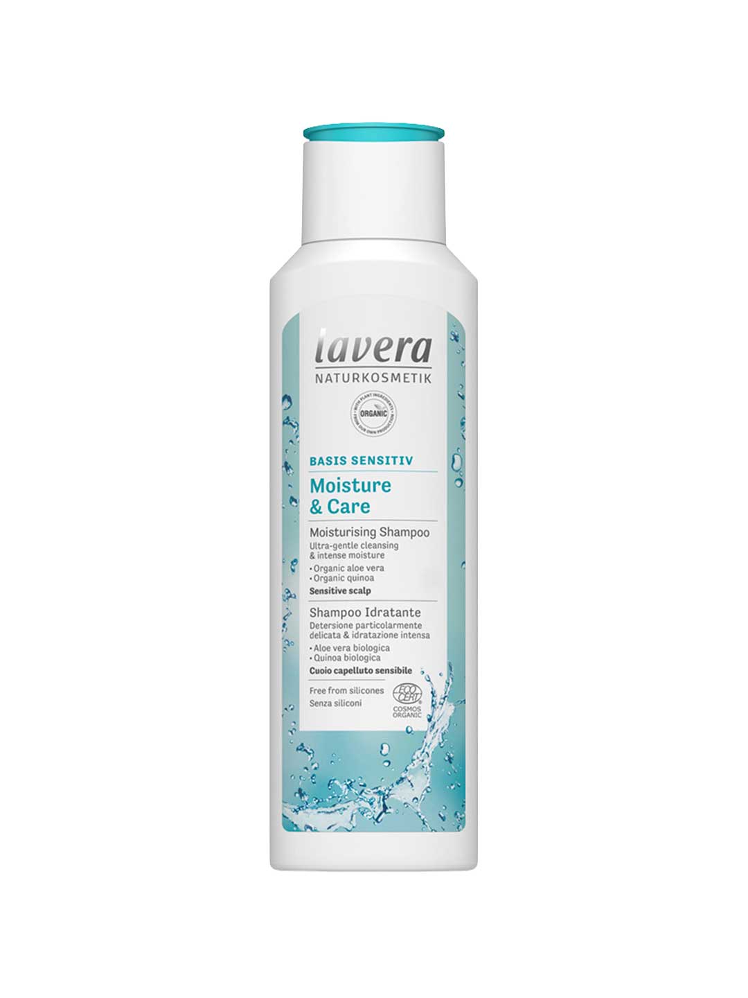 A white 250ml bottle of Lavera Basis Sensitiv Shampoo - Moisture & Care with a turquoise cap, formulated with organic aloe vera and jojoba for sensitive, dandruff-prone scalps.