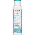 A white 250ml bottle of Lavera Basis Sensitiv Shampoo - Moisture & Care with a turquoise cap, formulated with organic aloe vera and jojoba for sensitive, dandruff-prone scalps.