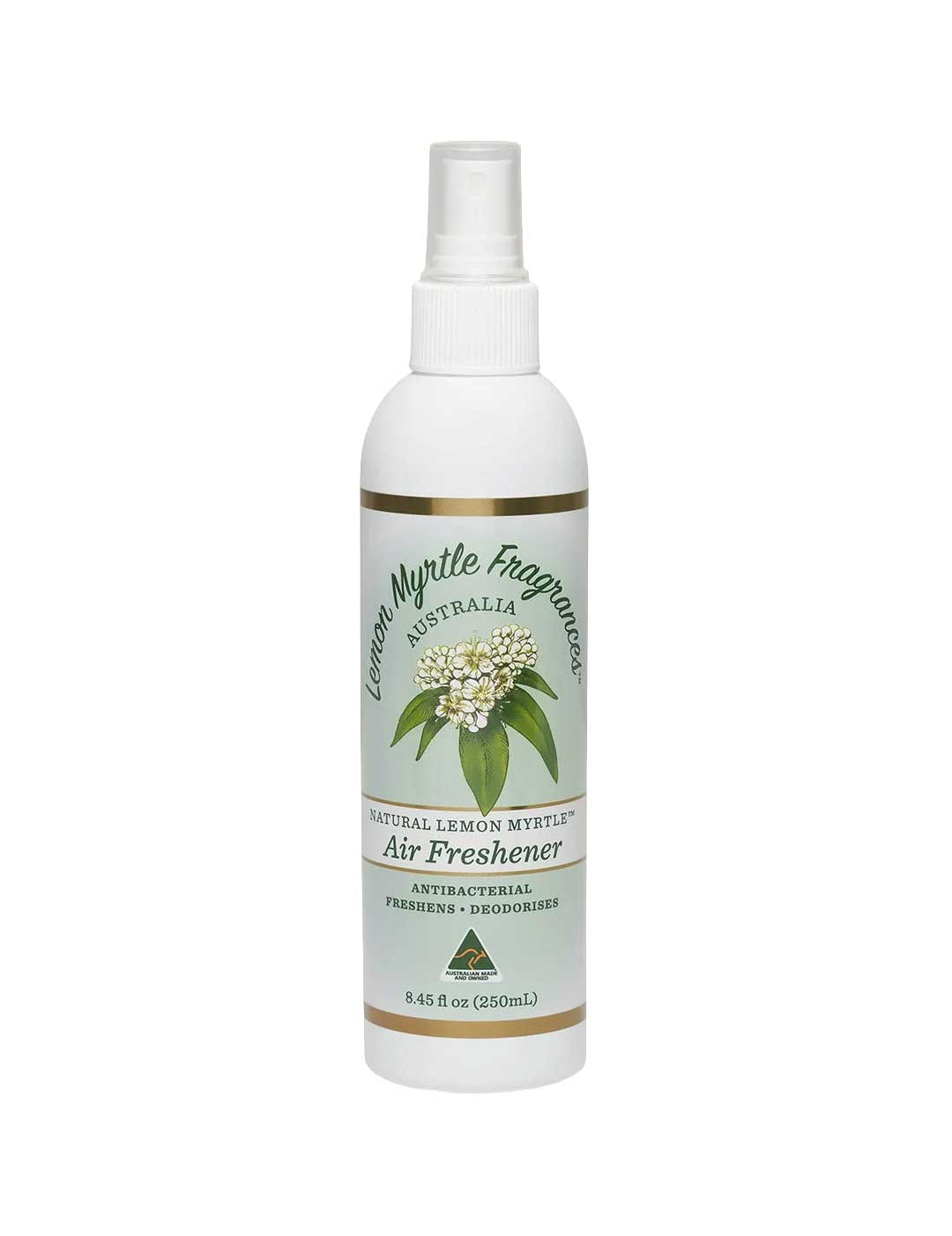 A white spray bottle labeled Lemon Myrtle Fragrances Air Freshener 250ml features an illustration of lemon myrtle leaves and flowers.