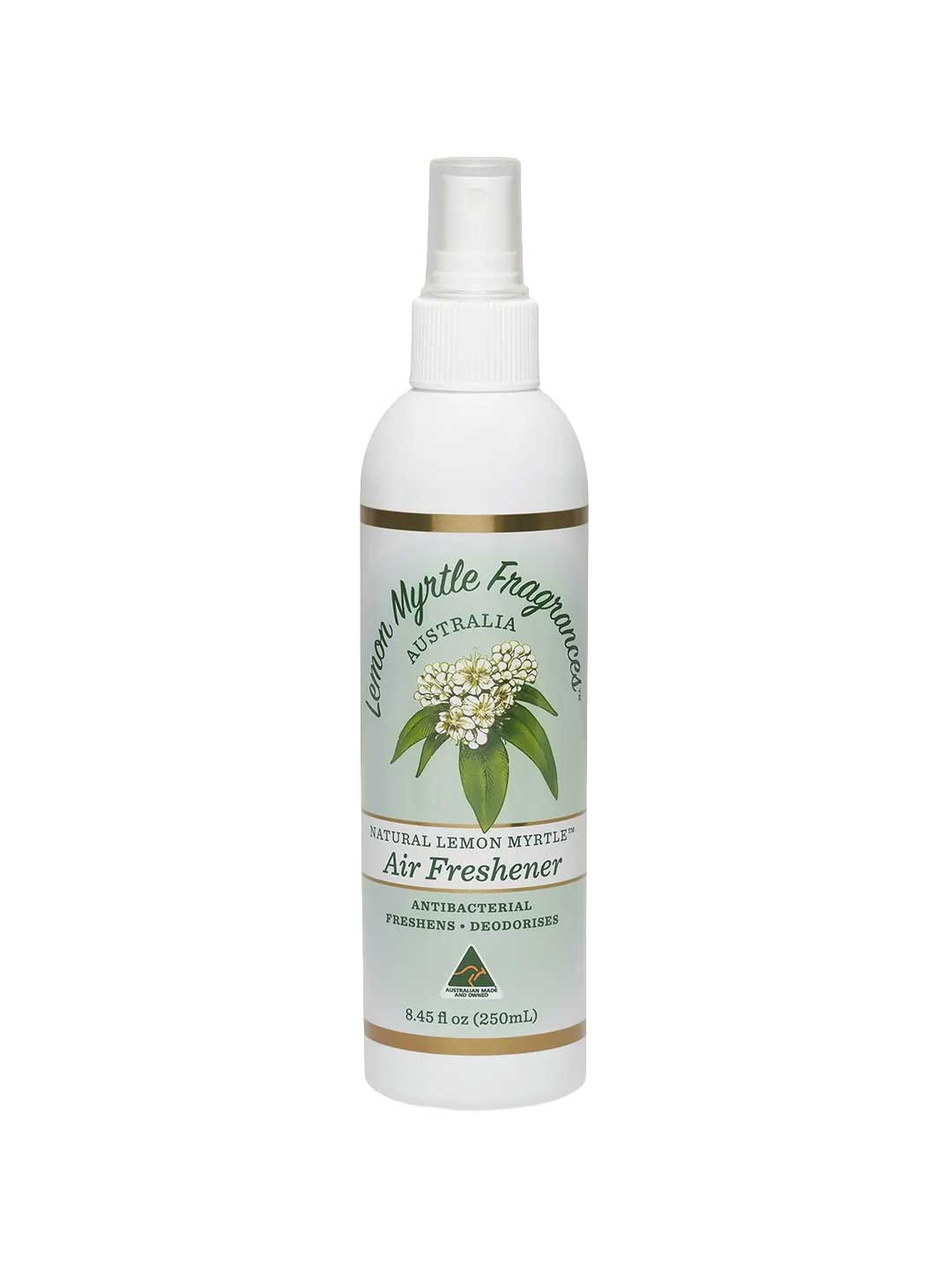 A white spray bottle labeled Lemon Myrtle Fragrances Air Freshener 250ml features an illustration of lemon myrtle leaves and flowers.