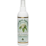 A white spray bottle labeled Lemon Myrtle Fragrances Air Freshener 250ml features an illustration of lemon myrtle leaves and flowers.