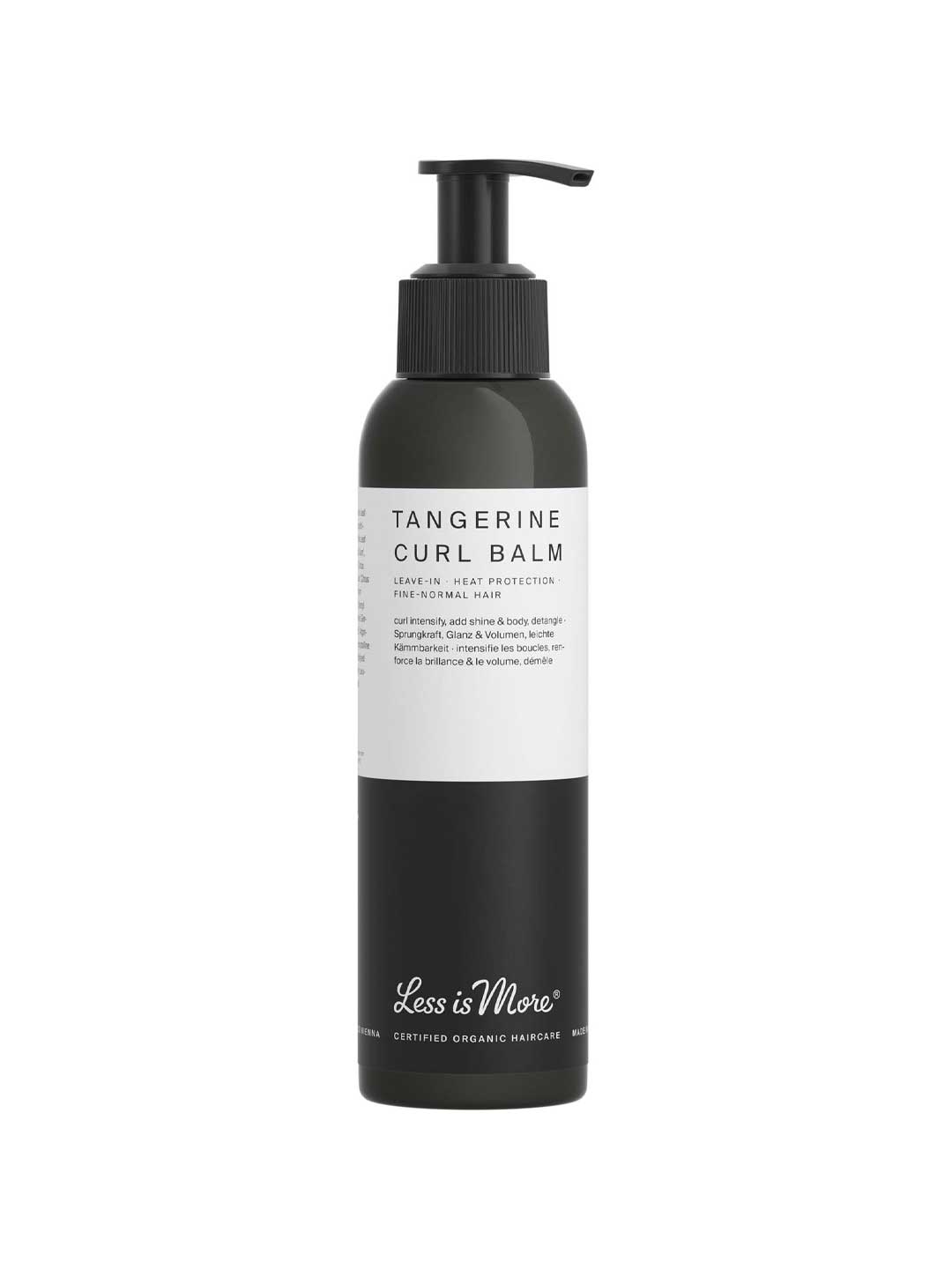The Less is More Tangerine Curl Balm 150ml comes in a sleek black bottle with a white label—ideal for storing your favorite curl balm and achieving beautifully defined curls.