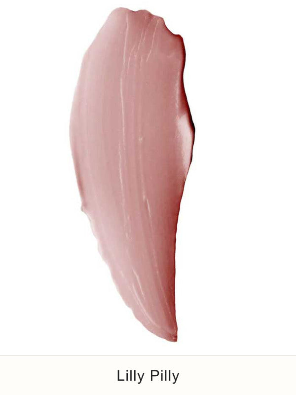 A curved, translucent dusty-pink smear of Biode lip and cheek balm on white, with the shade name Lilly Pilly printed underneath.