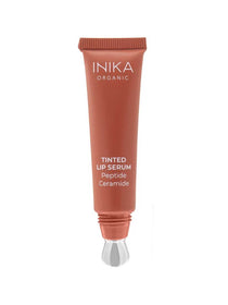 INIKA Organic Tinted Lip Serum - Peptide + Ceramide 10ml in muted rose features a metallic applicator and white "Peptide Ceramide" text, making it an organic lip care essential. Shown on a white background.
