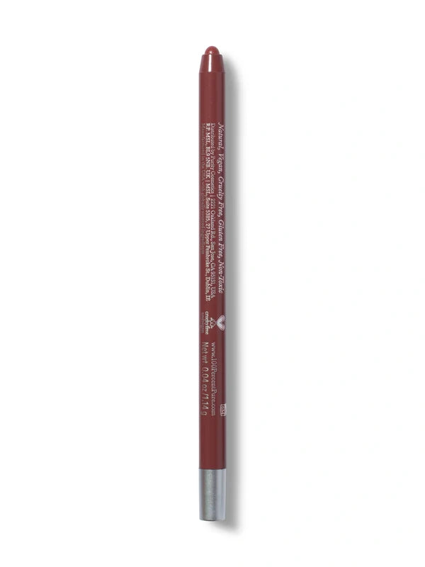 A muted brown 100% Pure lip liner stands upright with its rounded brown tip exposed. Small pale lettering runs down the back of the barrel above a silver-coloured base.