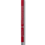 A deep red 100% Pure lip liner stands upright with its rounded red tip exposed. Small pale text runs down the back of the barrel, with a silver-coloured band at the base.
