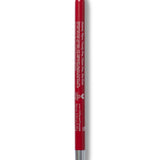 A deep red 100% Pure lip liner stands upright with its rounded red tip exposed. Small pale text runs down the back of the barrel, with a silver-coloured band at the base.