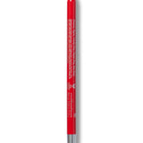 A bright red 100% Pure lip liner stands upright with its rounded red tip exposed. Small pale lettering runs down the back of the barrel, above a silver-coloured base.