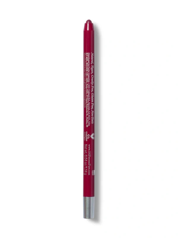 A deep berry-red 100% Pure lip liner stands upright with its rounded tip exposed. Small pale text runs down the back of the barrel, ending above a silver-coloured base.