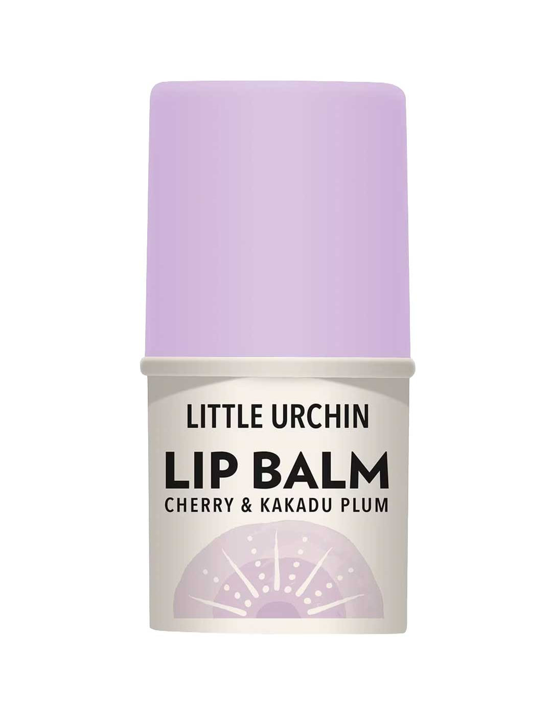 Little Urchin Cherry & Kakadu Plum Lip Balm 4g, made in Australia, has a light purple cap, beige base with black text, and a semi-circle design.