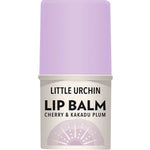 Little Urchin Cherry & Kakadu Plum Lip Balm 4g, made in Australia, has a light purple cap, beige base with black text, and a semi-circle design.
