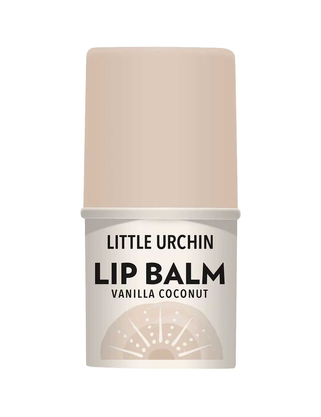 Little Urchin Vanilla Coconut Lip Balm 4g comes in a beige tube with a stylized sea urchin on the label. This nourishing balm features coconut oil for soft, hydrated lips and offers a smooth vanilla coconut flavor.