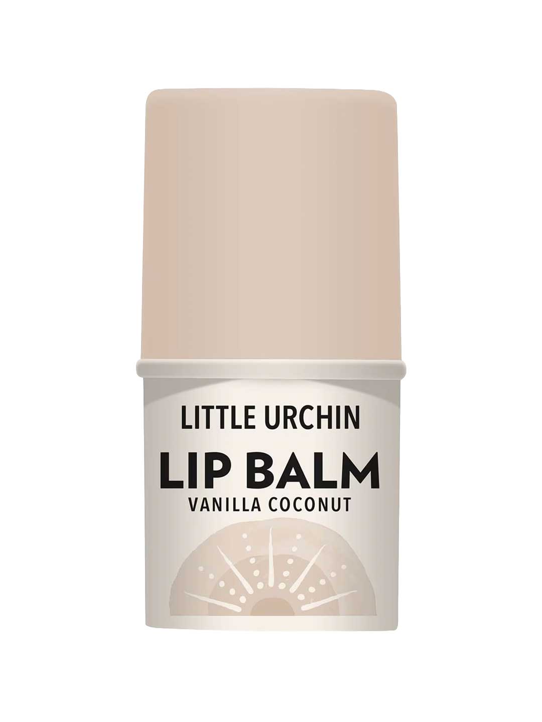 Little Urchin Vanilla Coconut Lip Balm 4g comes in a beige tube with a stylized sea urchin on the label. This nourishing balm features coconut oil for soft, hydrated lips and offers a smooth vanilla coconut flavor.