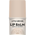 Little Urchin Vanilla Coconut Lip Balm 4g comes in a beige tube with a stylized sea urchin on the label. This nourishing balm features coconut oil for soft, hydrated lips and offers a smooth vanilla coconut flavor.