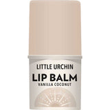 Little Urchin Vanilla Coconut Lip Balm 4g comes in a beige tube with a stylized sea urchin on the label. This nourishing balm features coconut oil for soft, hydrated lips and offers a smooth vanilla coconut flavor.