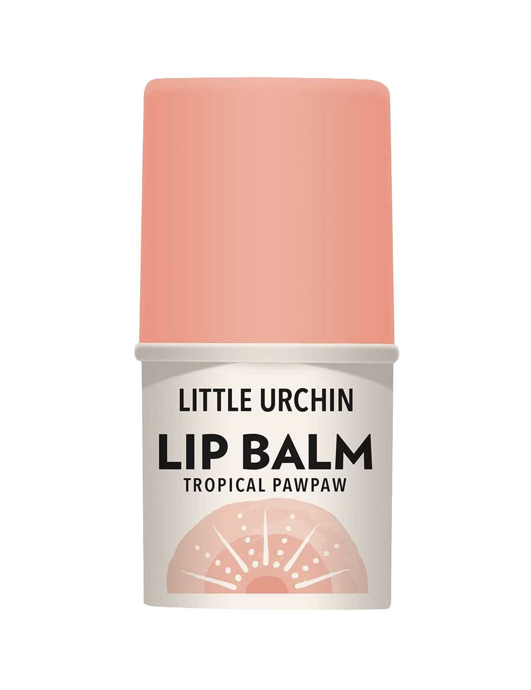 A beige and peach tube of Little Urchin Tropical Pawpaw Lip Balm 4g with a sunburst design, bold black text, and a tropical flavor. Proudly made in Australia.
