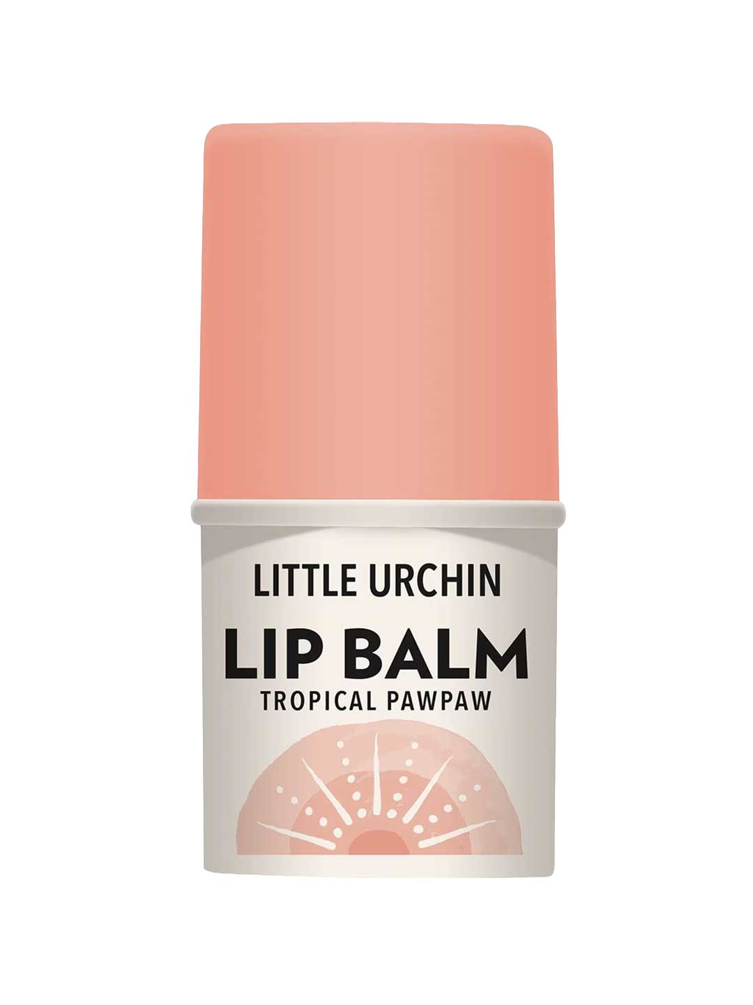 A beige and peach tube of Little Urchin Tropical Pawpaw Lip Balm 4g with a sunburst design, bold black text, and a tropical flavor. Proudly made in Australia.