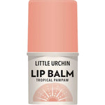 A beige and peach tube of Little Urchin Tropical Pawpaw Lip Balm 4g with a sunburst design, bold black text, and a tropical flavor. Proudly made in Australia.