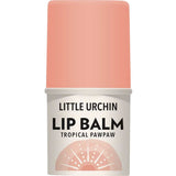 A beige and peach tube of Little Urchin Tropical Pawpaw Lip Balm 4g with a sunburst design, bold black text, and a tropical flavor. Proudly made in Australia.