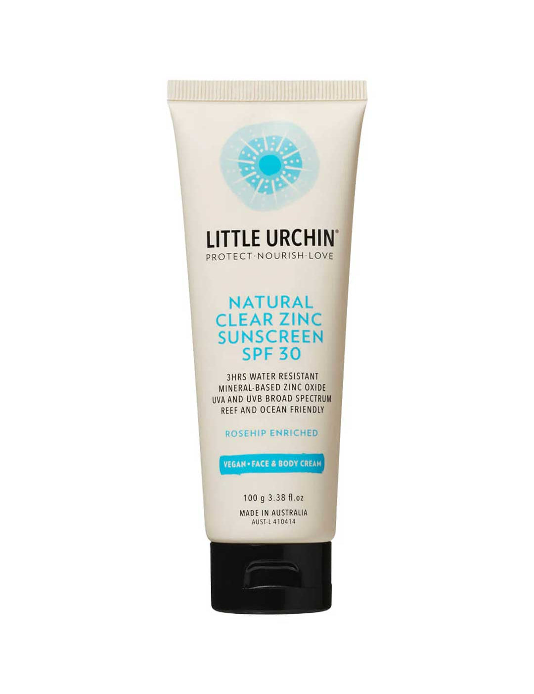 Little Urchin Natural Clear Zinc Sunscreen SPF30 100g comes in blue and beige packaging, offers broad-spectrum protection, is vegan, water resistant, and suitable for face and body.