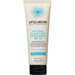 Little Urchin Natural Clear Zinc Sunscreen SPF30 100g comes in blue and beige packaging, offers broad-spectrum protection, is vegan, water resistant, and suitable for face and body.